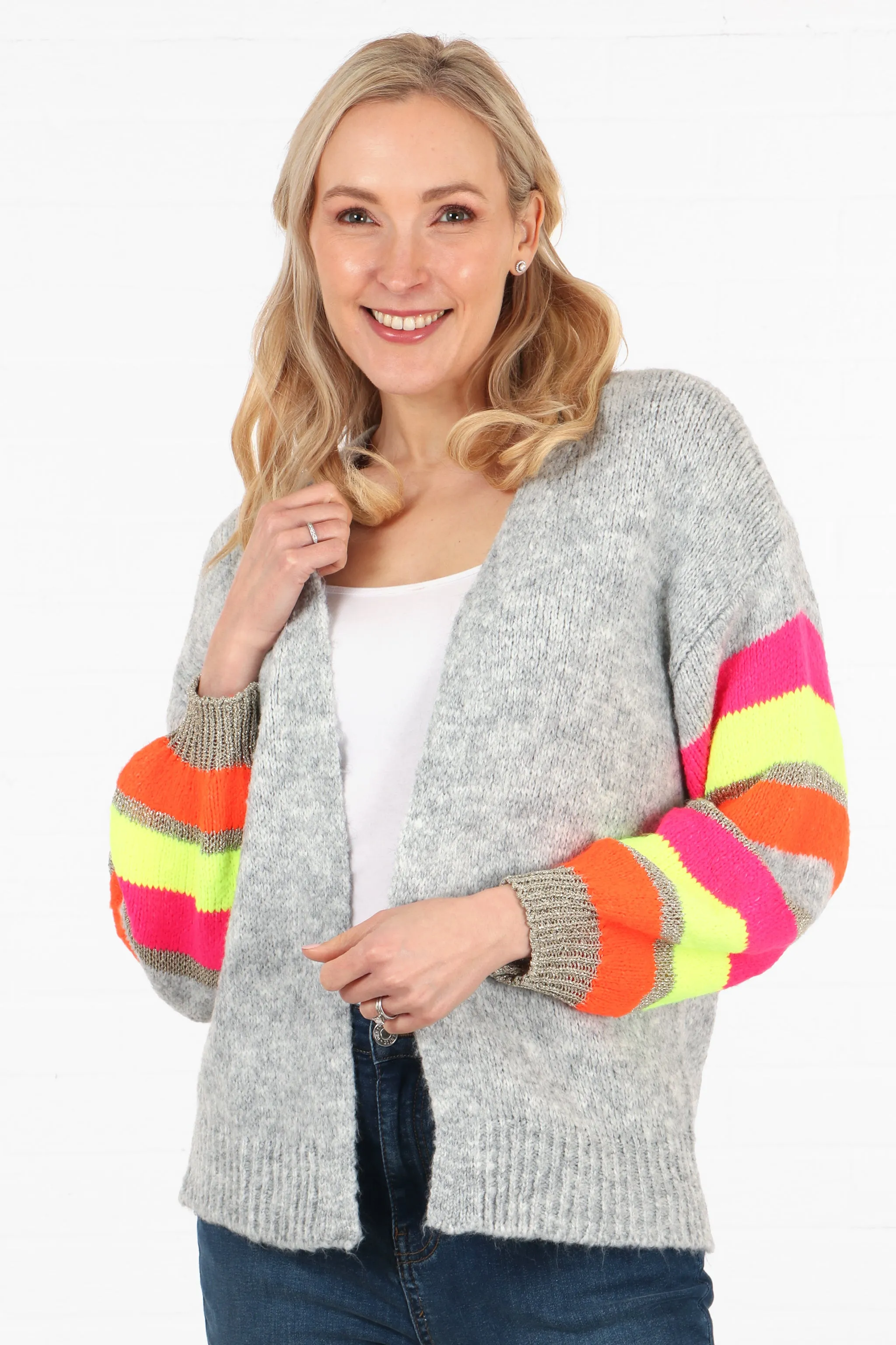 Open Front Wool Blend Balloon Sleeve Cardigan in Light Grey