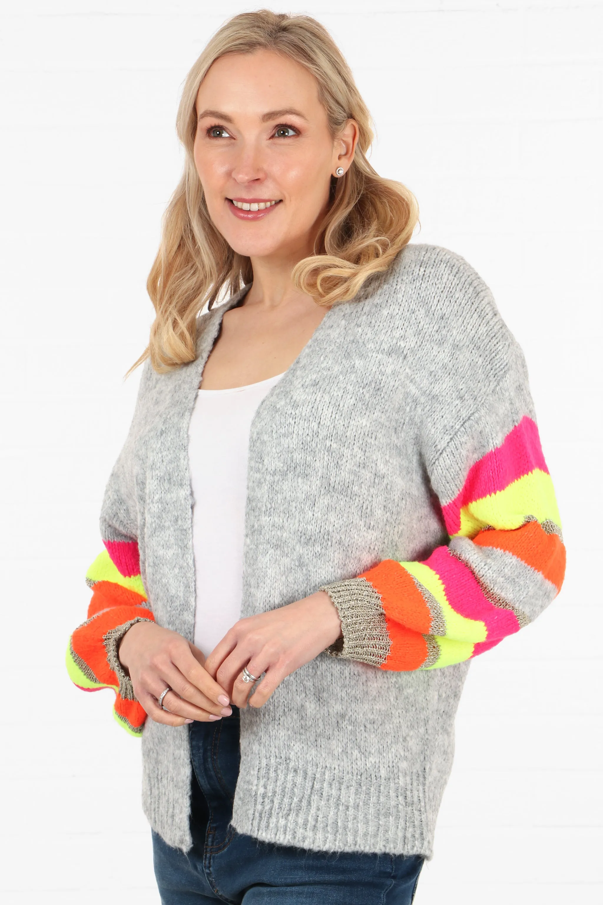 Open Front Wool Blend Balloon Sleeve Cardigan in Light Grey