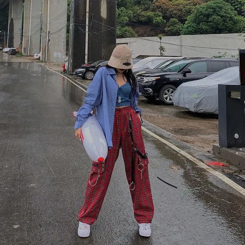 Plaid Cargo Pants With Rivet Accents