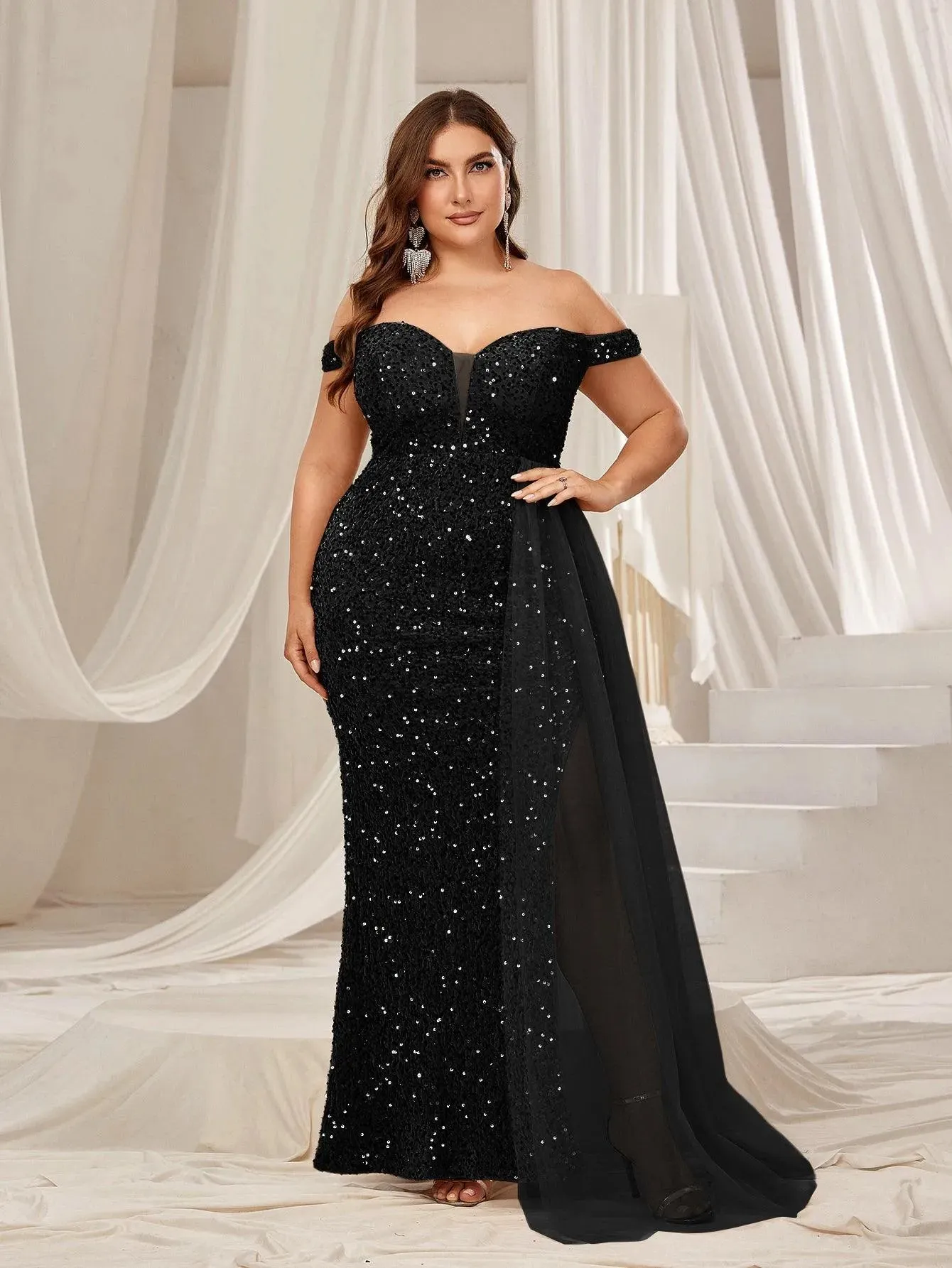 Plus Off Shoulder Split Thigh Sequin Formal Party Dress