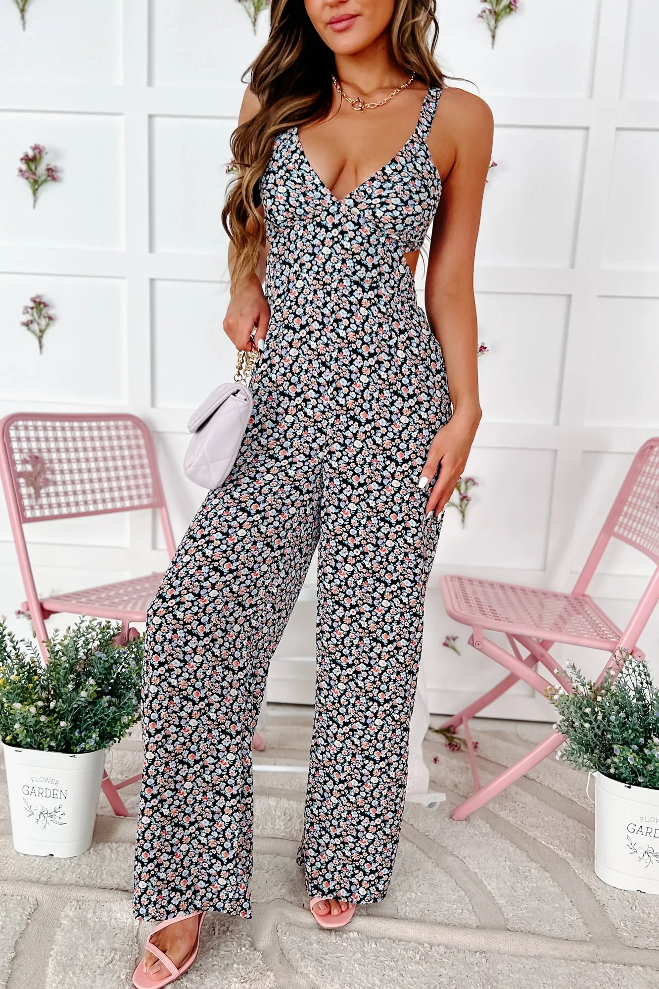Pretty As A Picture Wide Leg Floral Jumpsuit (Black)