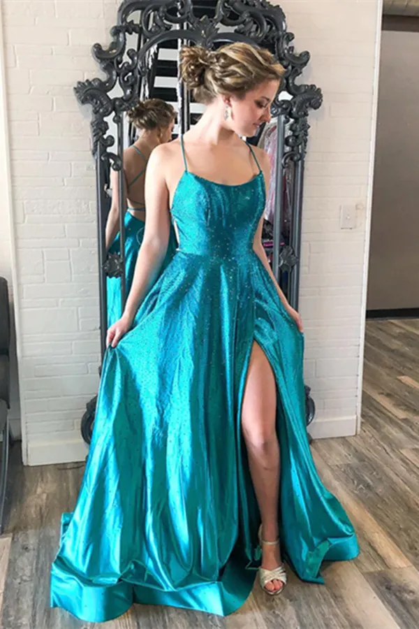 Promfast Halter Satin Slit Prom Dresses with Sequins Long Prom Gown Evening Dress PFP2212