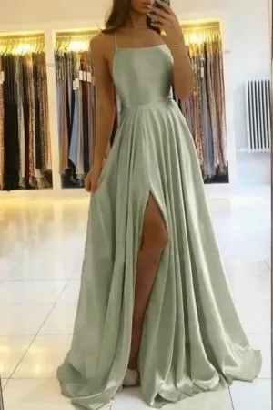 Promfast Simple Dusty Sage Satin Spaghetti Straps Long Prom Dresses, Evening Gown PFP2206