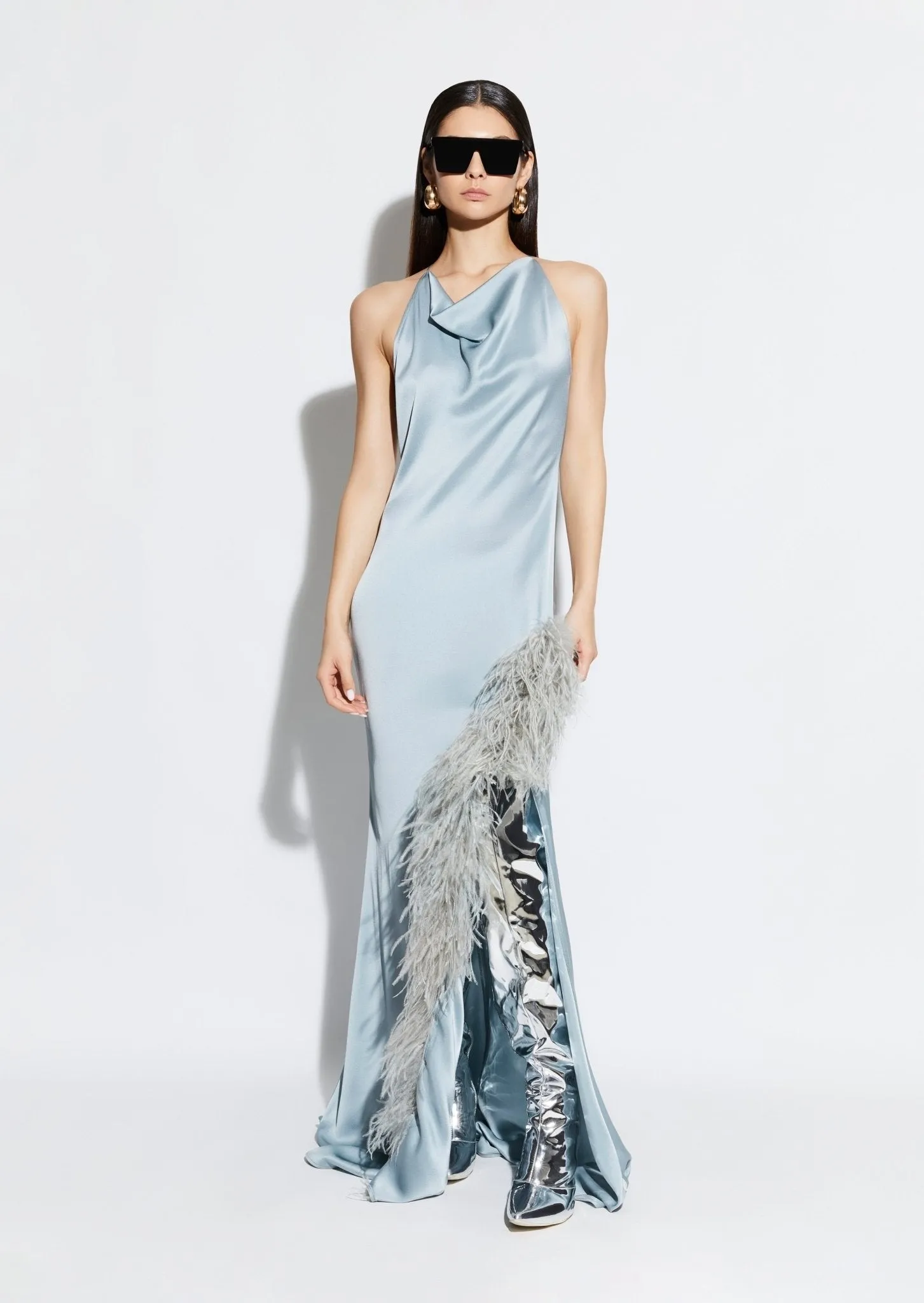 Satin Halter Gown with Feathers