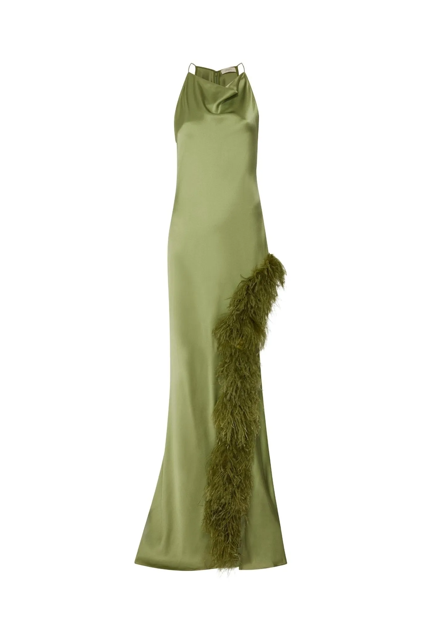 Satin Halter Gown with Feathers