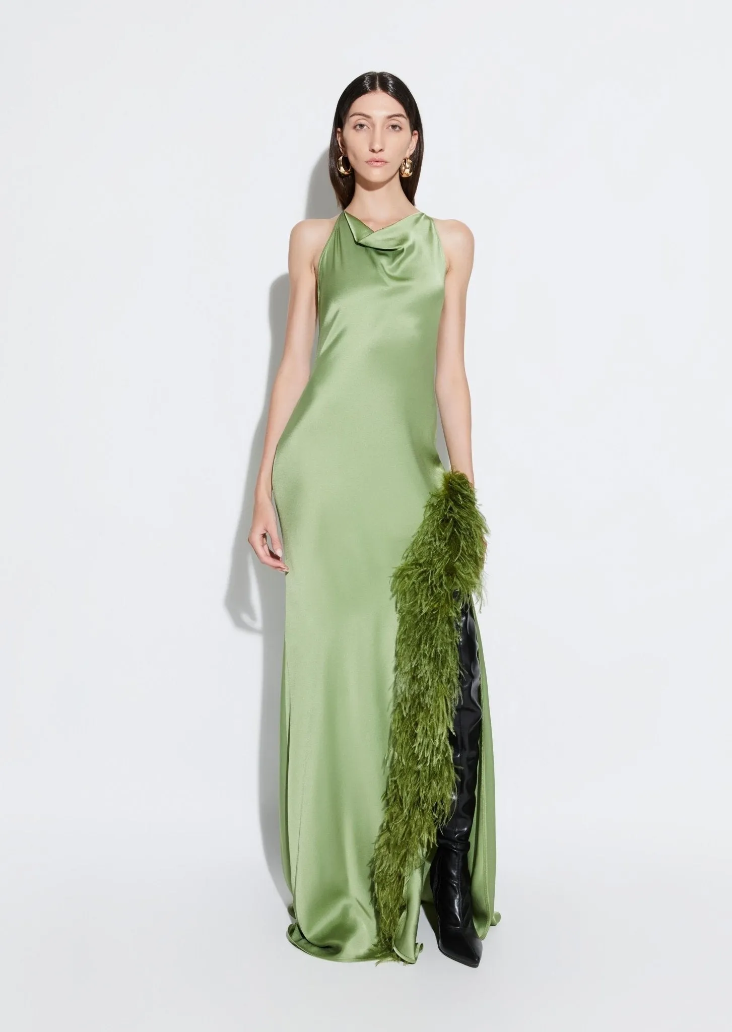 Satin Halter Gown with Feathers