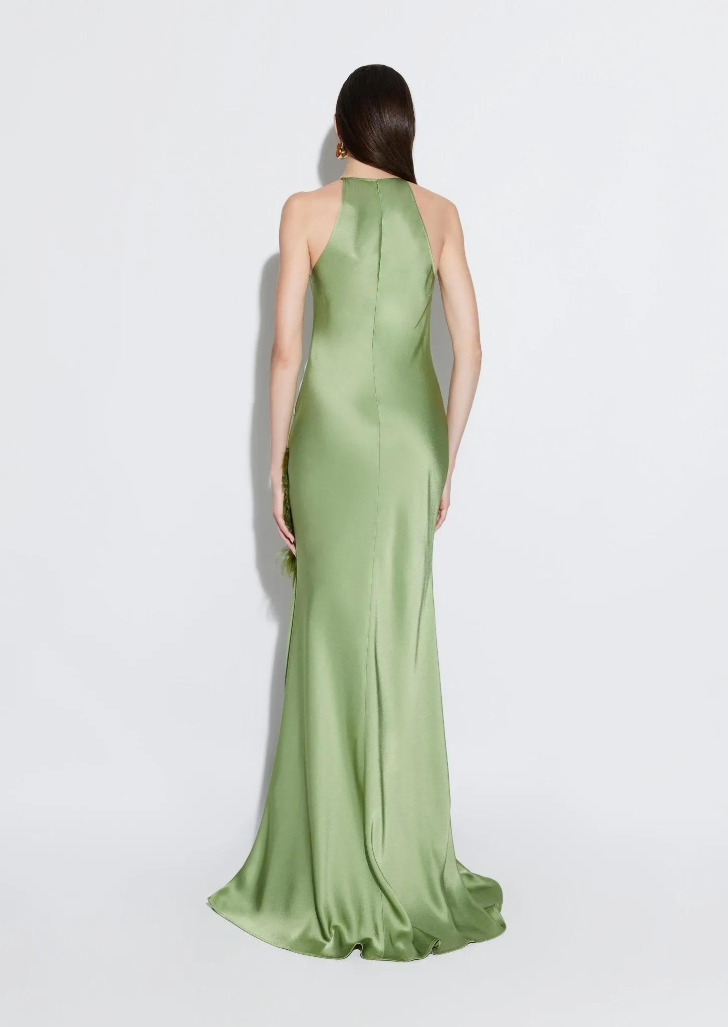 Satin Halter Gown with Feathers