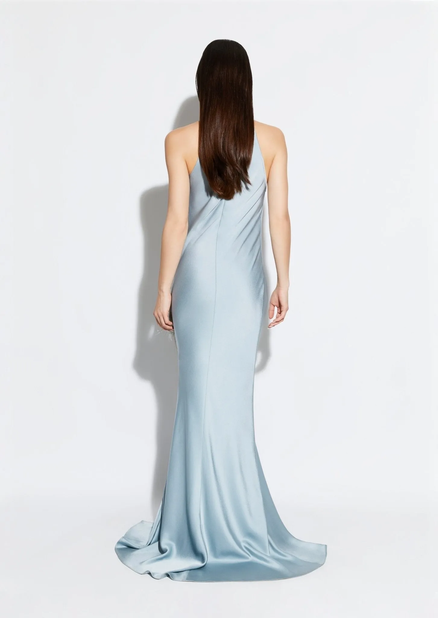 Satin Halter Gown with Feathers