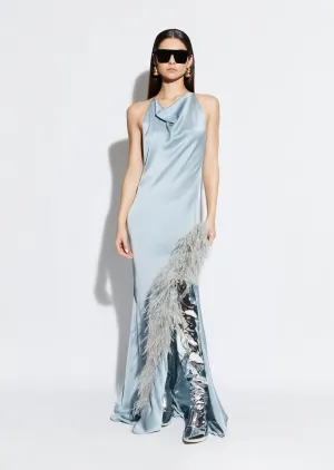 Satin Halter Gown with Feathers