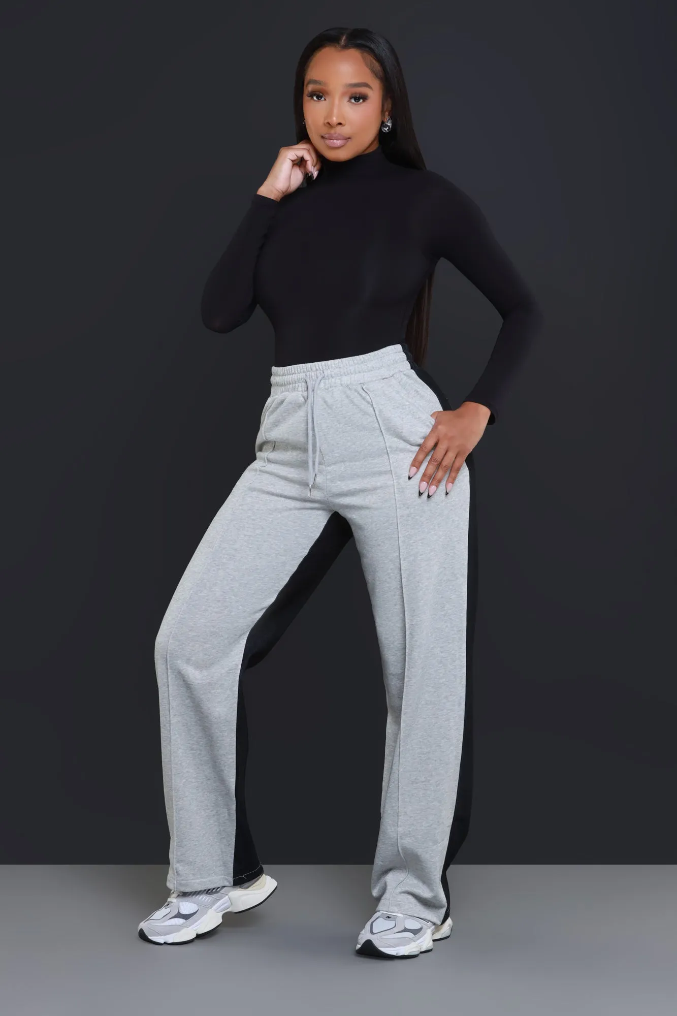 Slip Up Two Tone Wide Leg Pants - Grey/Black