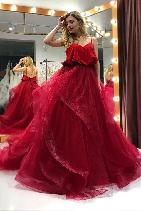 Spaghetti-straps Organza Long Burgundy Prom Gown Backless Party Dresses PFP1757
