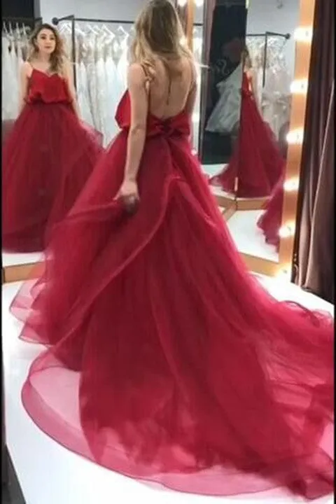 Spaghetti-straps Organza Long Burgundy Prom Gown Backless Party Dresses PFP1757