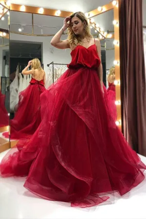 Spaghetti-straps Organza Long Burgundy Prom Gown Backless Party Dresses PFP1757