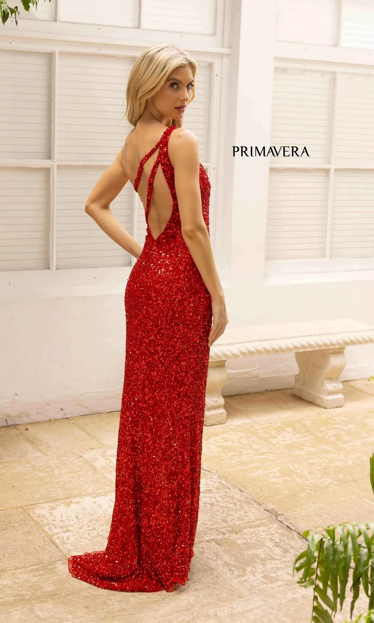 Strappy-Back One-Shoulder Long Sequin Prom Dress 3761