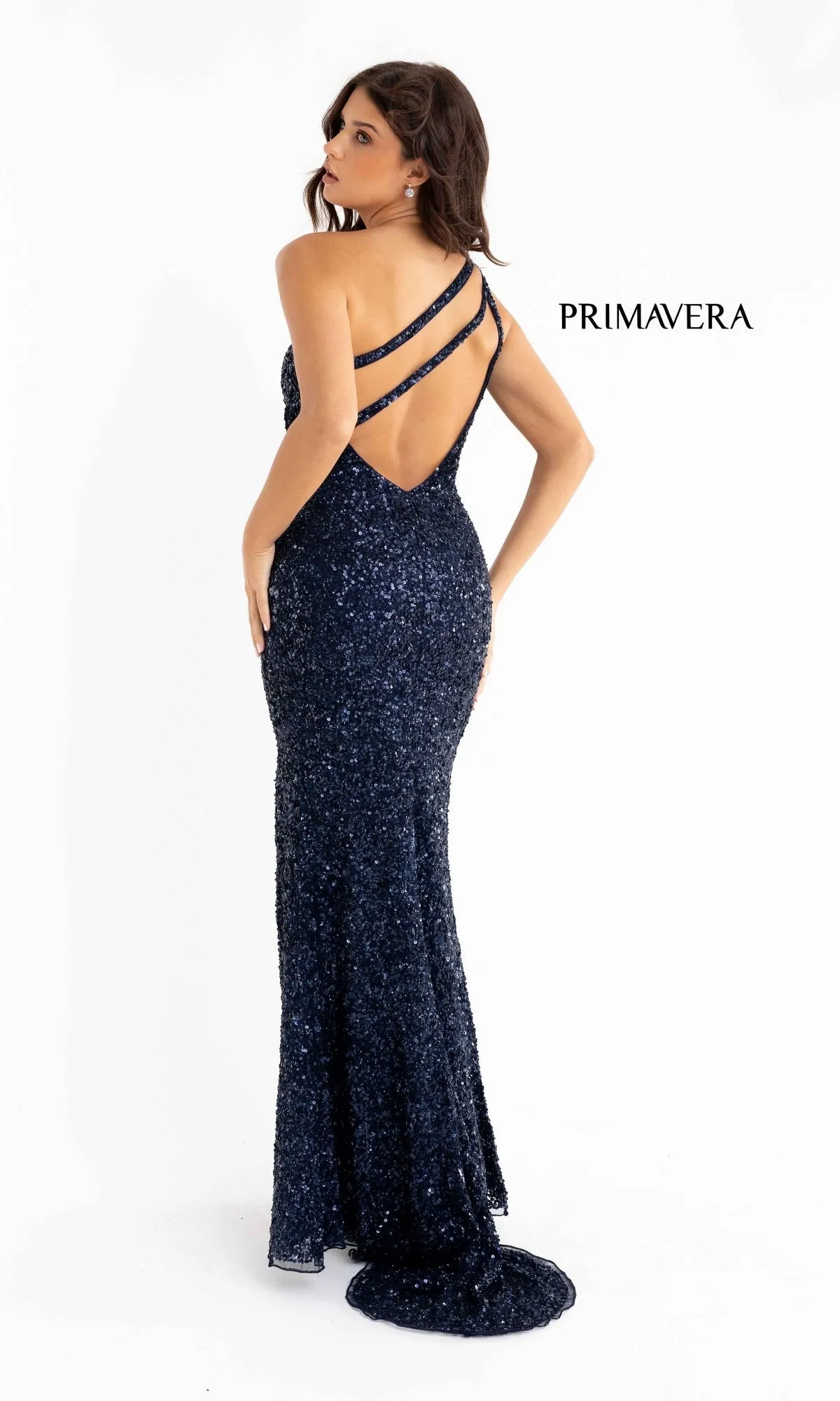 Strappy-Back One-Shoulder Long Sequin Prom Dress 3761