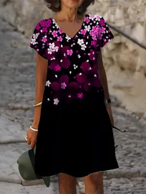 TastyHottie - Black Purple Flower V Neck Causal Short Sleeve Shift Dress