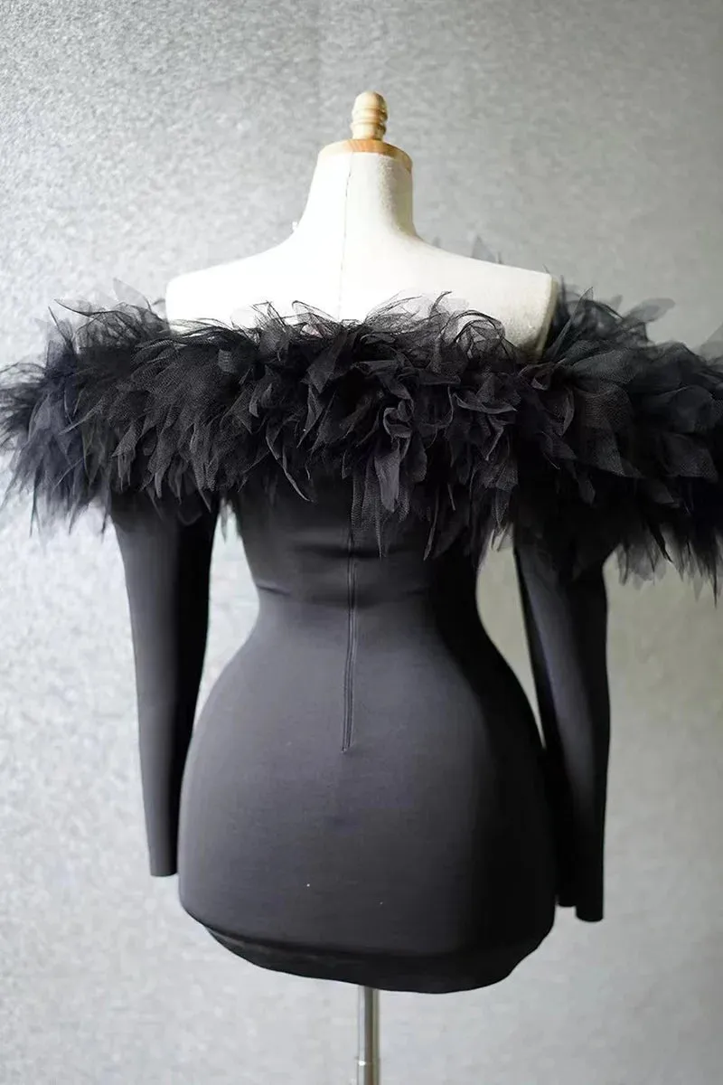 Trend4us Women’s Chic Feather Off Shoulder Evening Mini Dress
