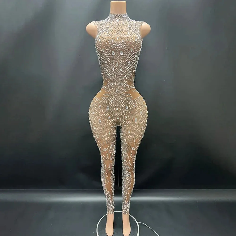 Trend4us Women’s Luxury Sparkling Crystal Embellished Jumpsuit