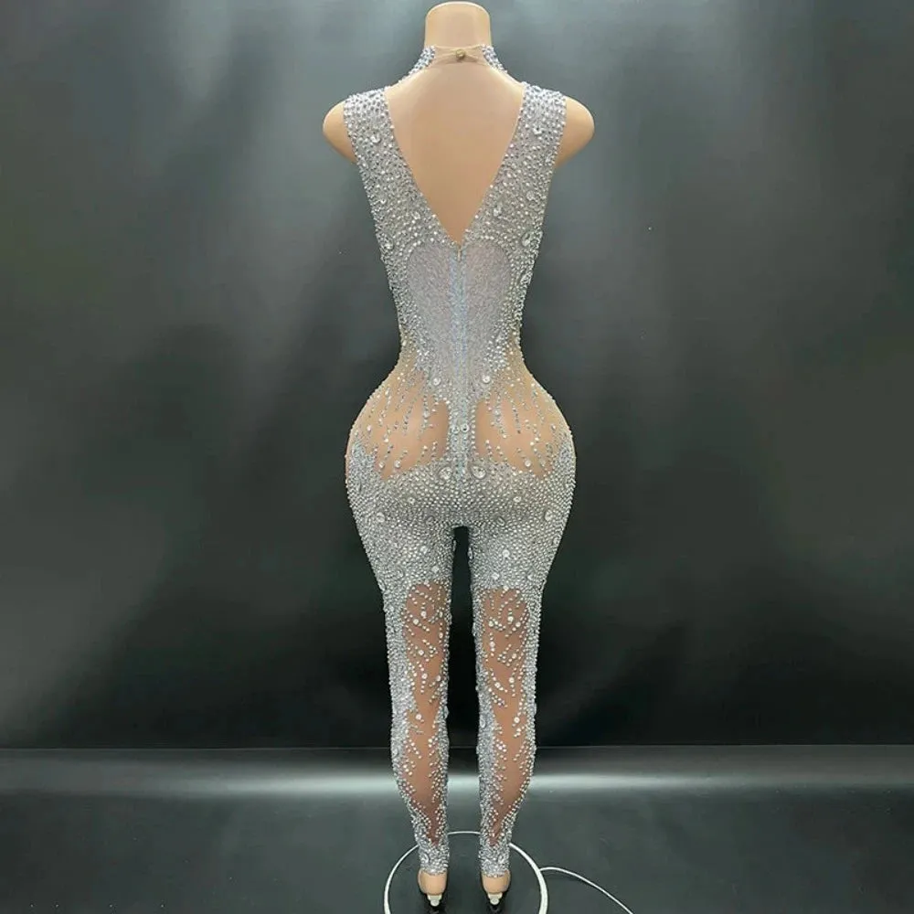 Trend4us Women’s Luxury Sparkling Crystal Embellished Jumpsuit
