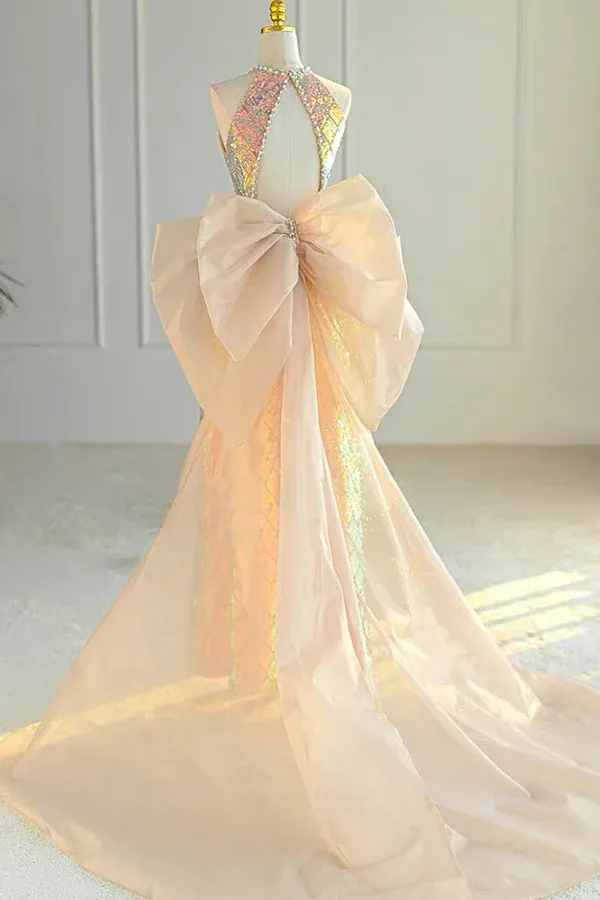 Unique Halter A Line Prom Dress, Open Back Evening Gown With Bowknot PFP2637