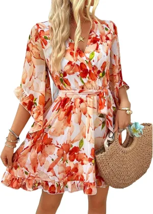 Women Casual Loose Vintage Bohemian Floral V-Neck Half Sleeve Summer Beach Swing Dress