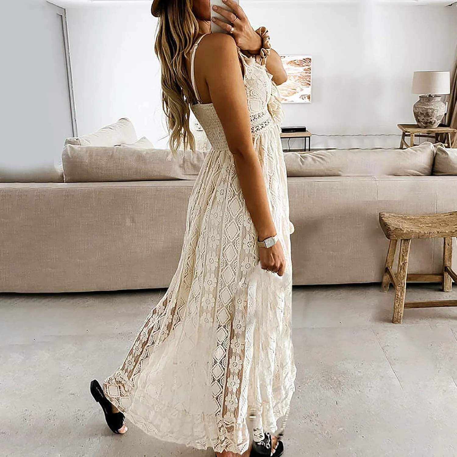 Women Lace Patchwork Maxi Dress Long Sleeve Sexy V Neck Boho Dress Spring Summer Casual Flowy Tiered Bohemian Dress