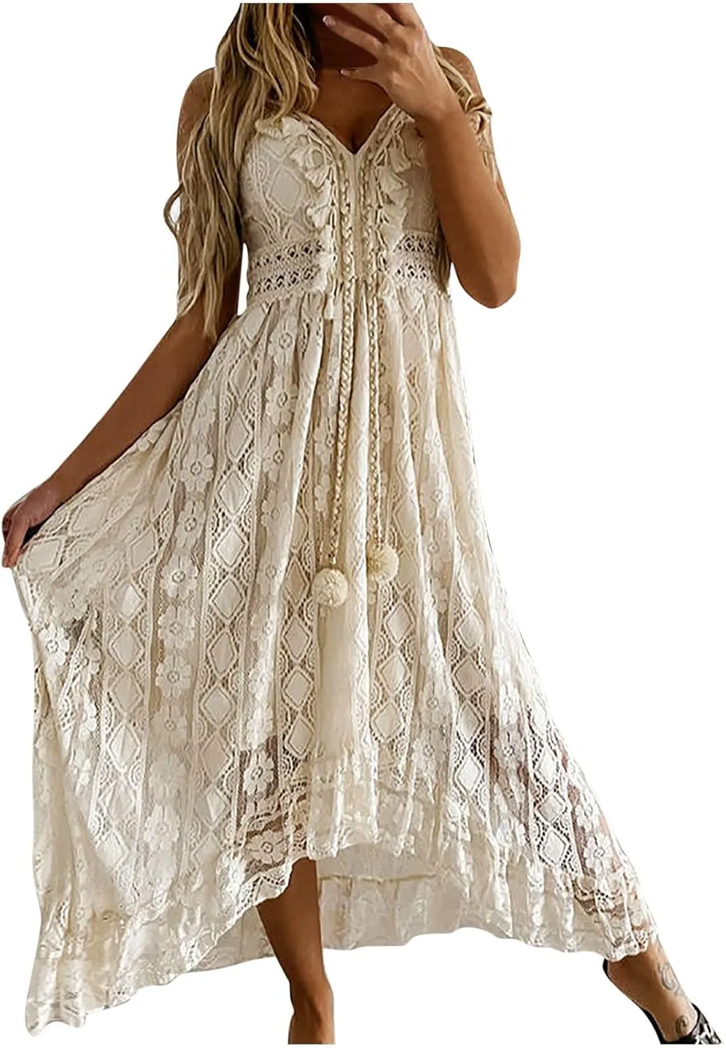 Women Lace Patchwork Maxi Dress Long Sleeve Sexy V Neck Boho Dress Spring Summer Casual Flowy Tiered Bohemian Dress