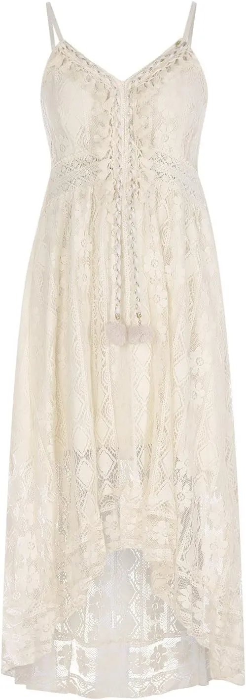 Women Lace Patchwork Maxi Dress Long Sleeve Sexy V Neck Boho Dress Spring Summer Casual Flowy Tiered Bohemian Dress
