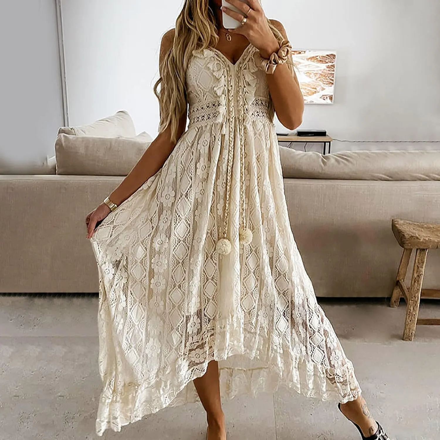 Women Lace Patchwork Maxi Dress Long Sleeve Sexy V Neck Boho Dress Spring Summer Casual Flowy Tiered Bohemian Dress