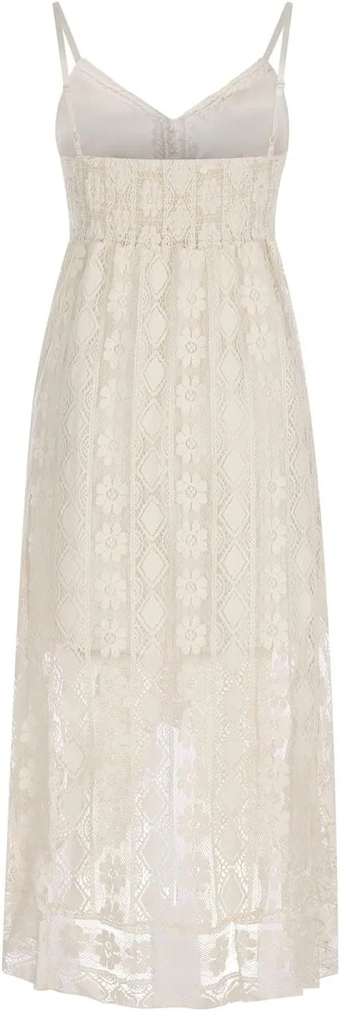 Women Lace Patchwork Maxi Dress Long Sleeve Sexy V Neck Boho Dress Spring Summer Casual Flowy Tiered Bohemian Dress