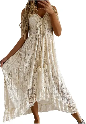Women Lace Patchwork Maxi Dress Long Sleeve Sexy V Neck Boho Dress Spring Summer Casual Flowy Tiered Bohemian Dress