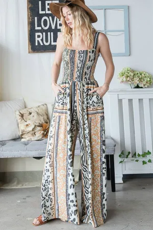 Women's Bucketlist Smocked Bodice Wide Leg Woven Jumpsuit