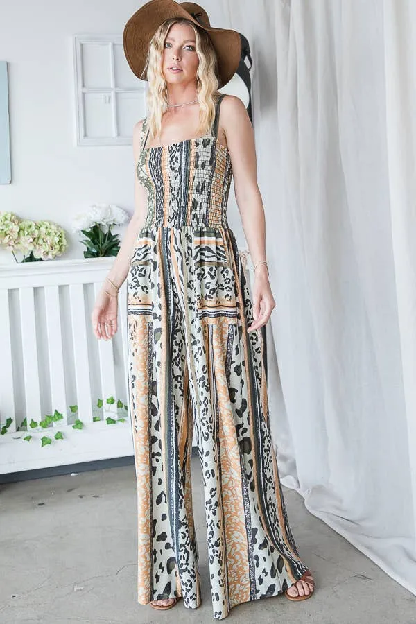 Women's Bucketlist Smocked Bodice Wide Leg Woven Jumpsuit
