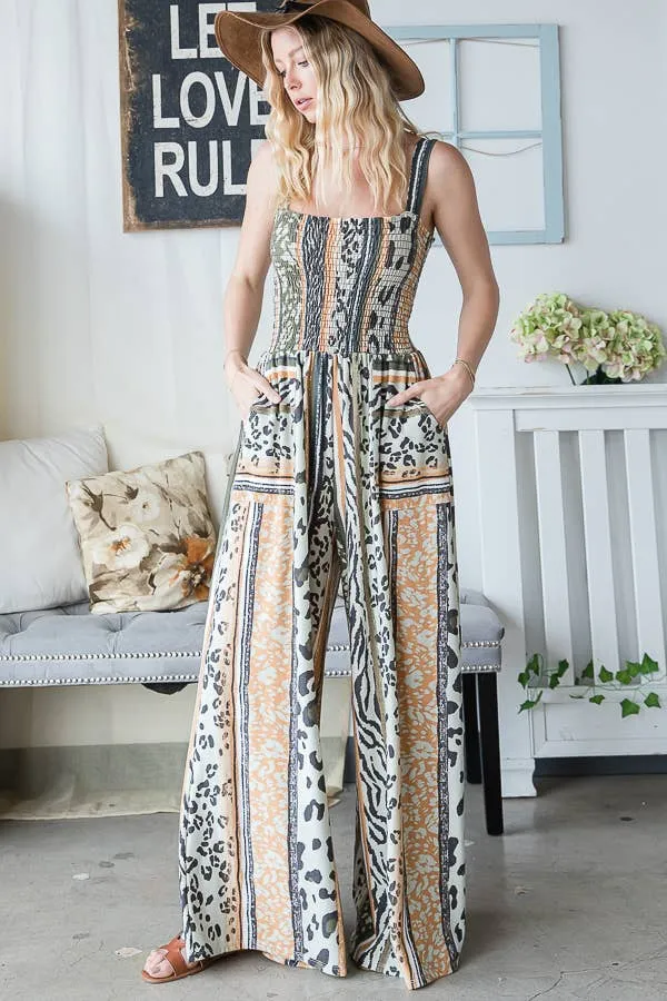 Women's Bucketlist Smocked Bodice Wide Leg Woven Jumpsuit
