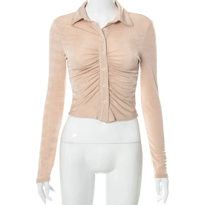 Women's Clothing Long Sleeve Bodycon Blouse Single Breasted Lapel Button Up Fold Crop Top