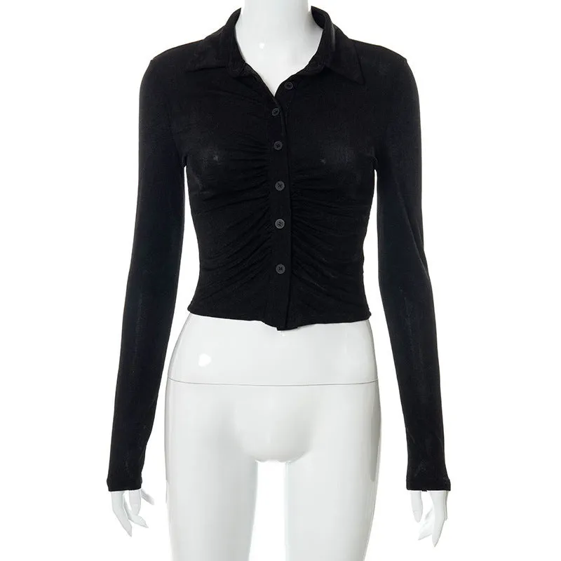 Women's Clothing Long Sleeve Bodycon Blouse Single Breasted Lapel Button Up Fold Crop Top