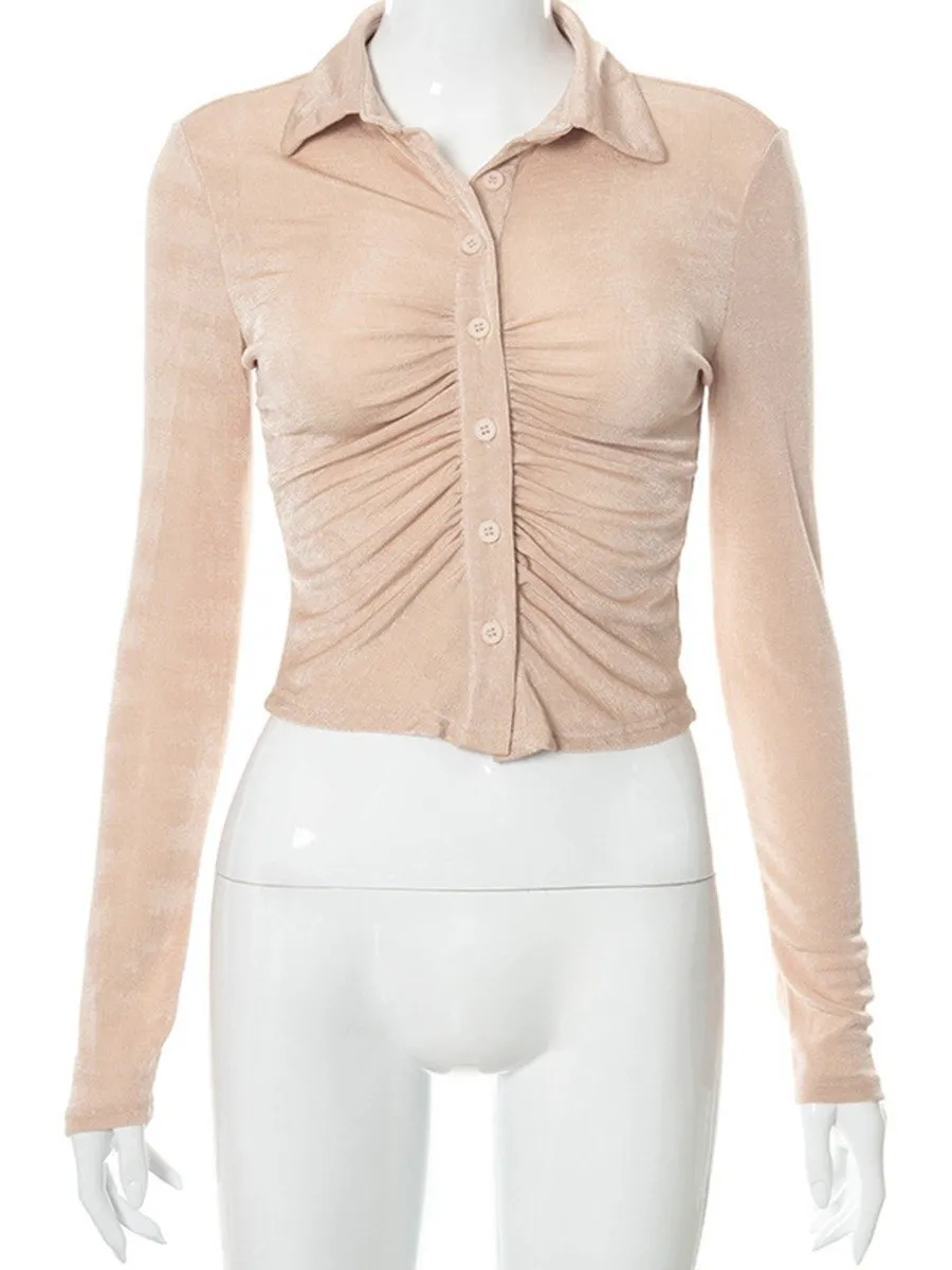 Women's Clothing Long Sleeve Bodycon Blouse Single Breasted Lapel Button Up Fold Crop Top