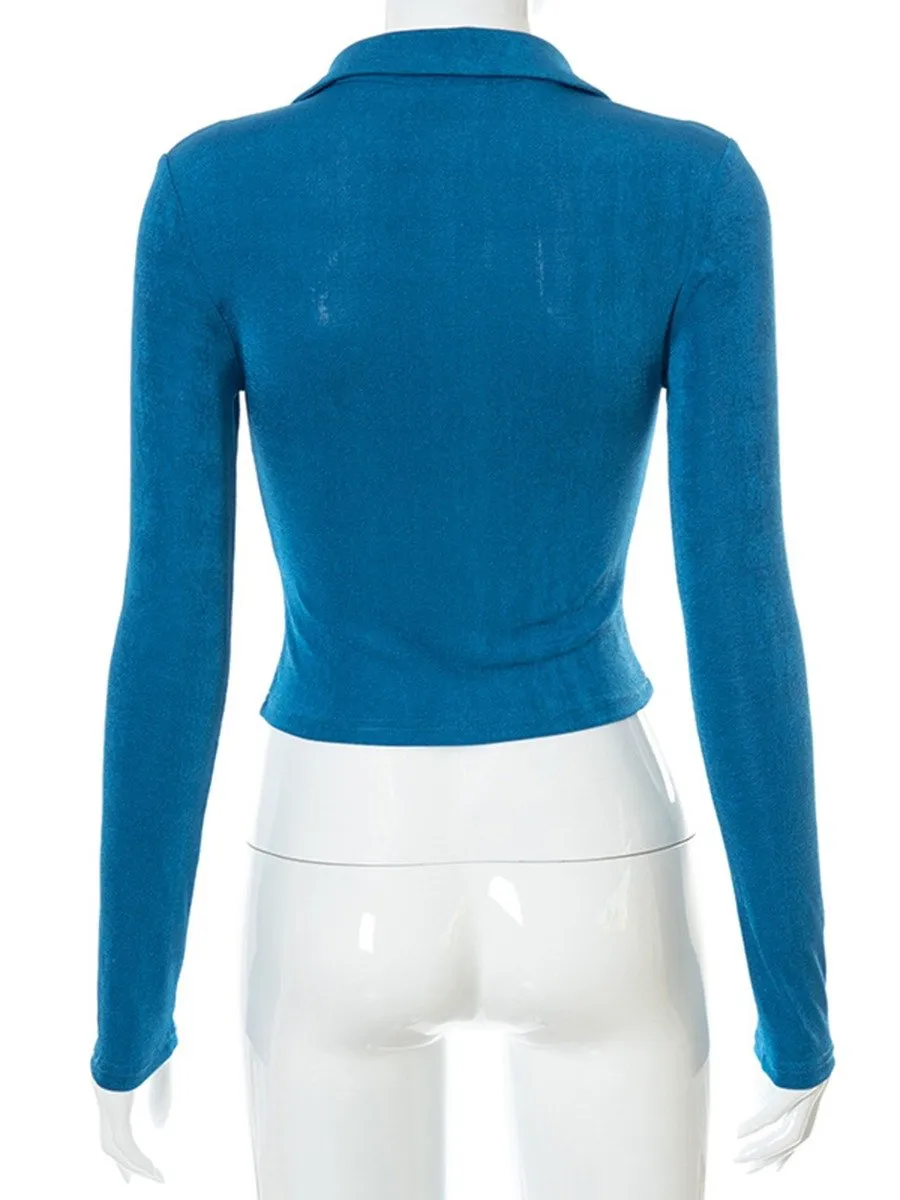 Women's Clothing Long Sleeve Bodycon Blouse Single Breasted Lapel Button Up Fold Crop Top