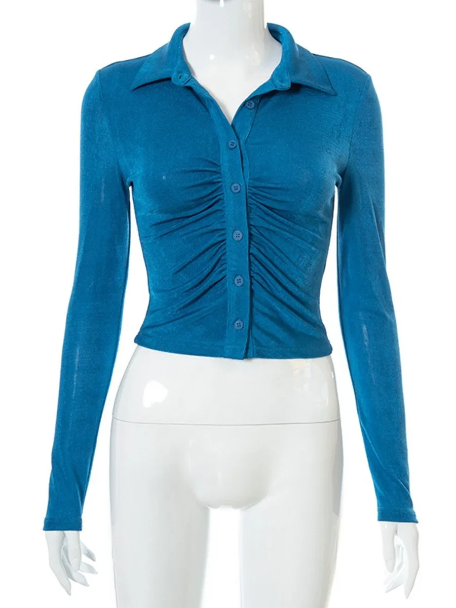 Women's Clothing Long Sleeve Bodycon Blouse Single Breasted Lapel Button Up Fold Crop Top