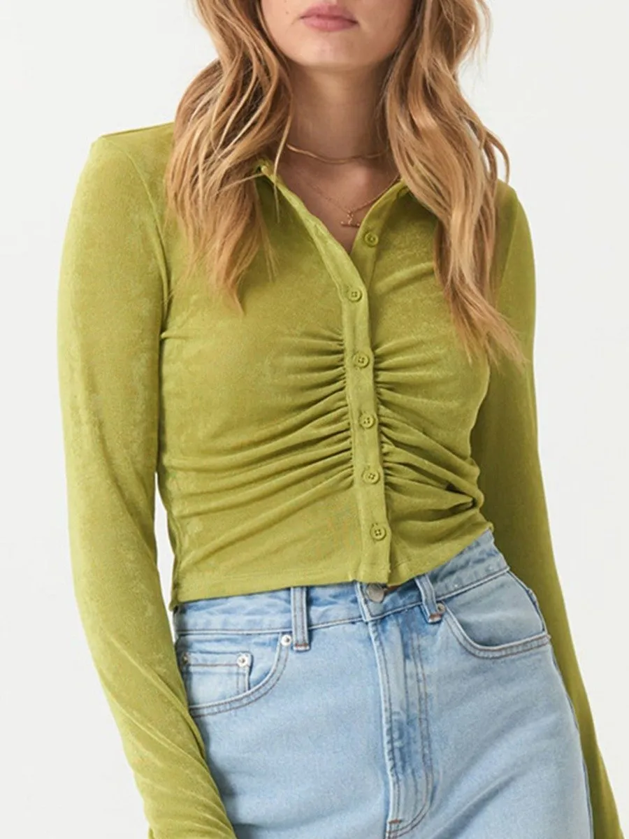 Women's Clothing Long Sleeve Bodycon Blouse Single Breasted Lapel Button Up Fold Crop Top