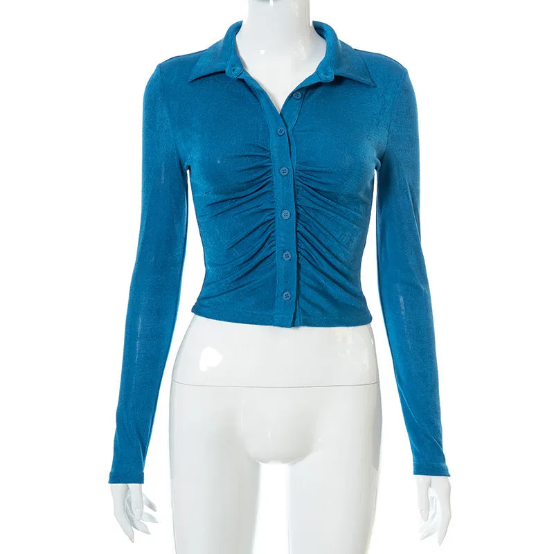 Women's Clothing Long Sleeve Bodycon Blouse Single Breasted Lapel Button Up Fold Crop Top