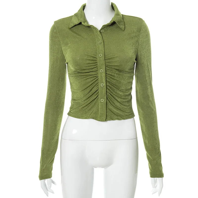 Women's Clothing Long Sleeve Bodycon Blouse Single Breasted Lapel Button Up Fold Crop Top