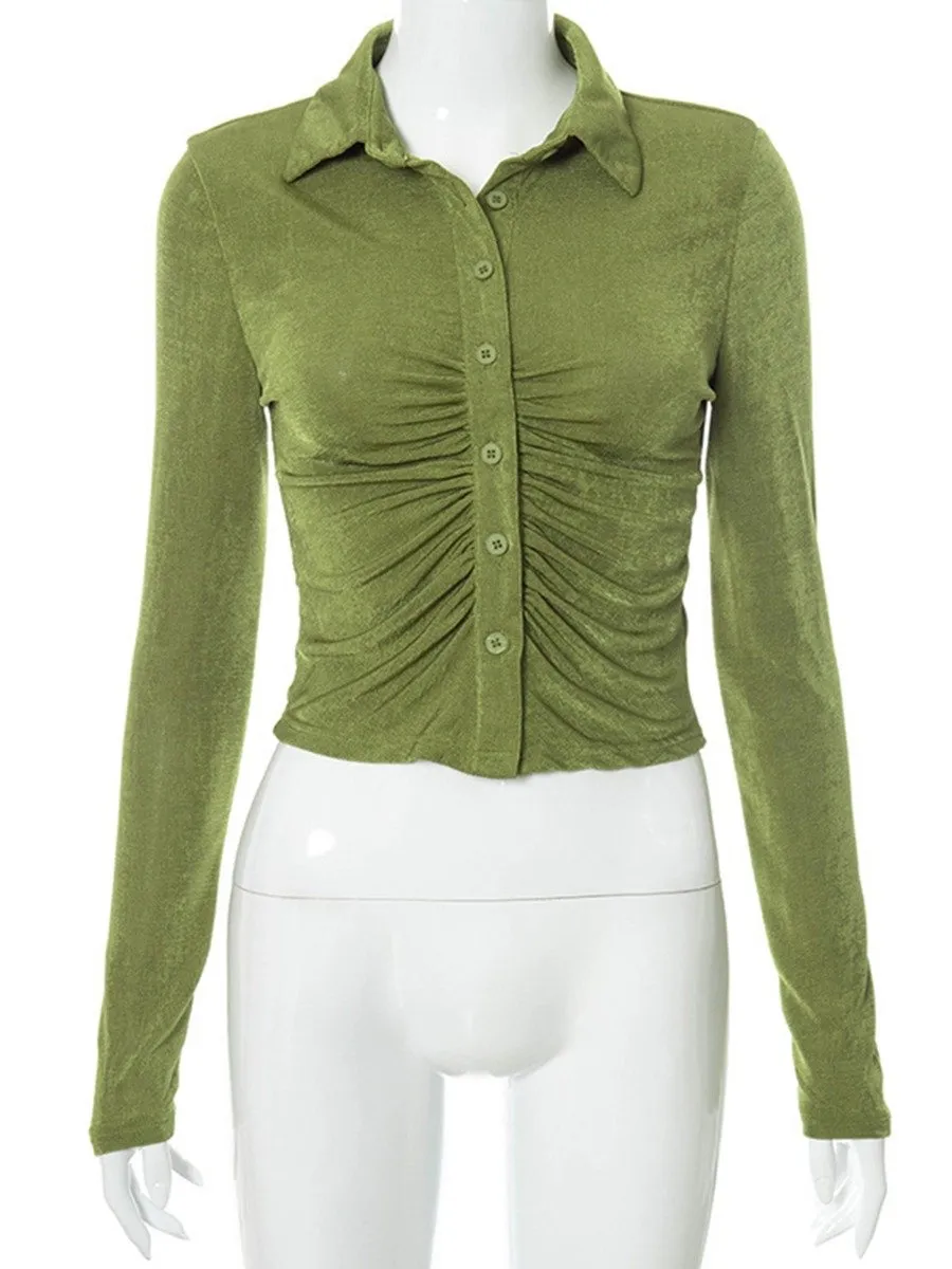 Women's Clothing Long Sleeve Bodycon Blouse Single Breasted Lapel Button Up Fold Crop Top