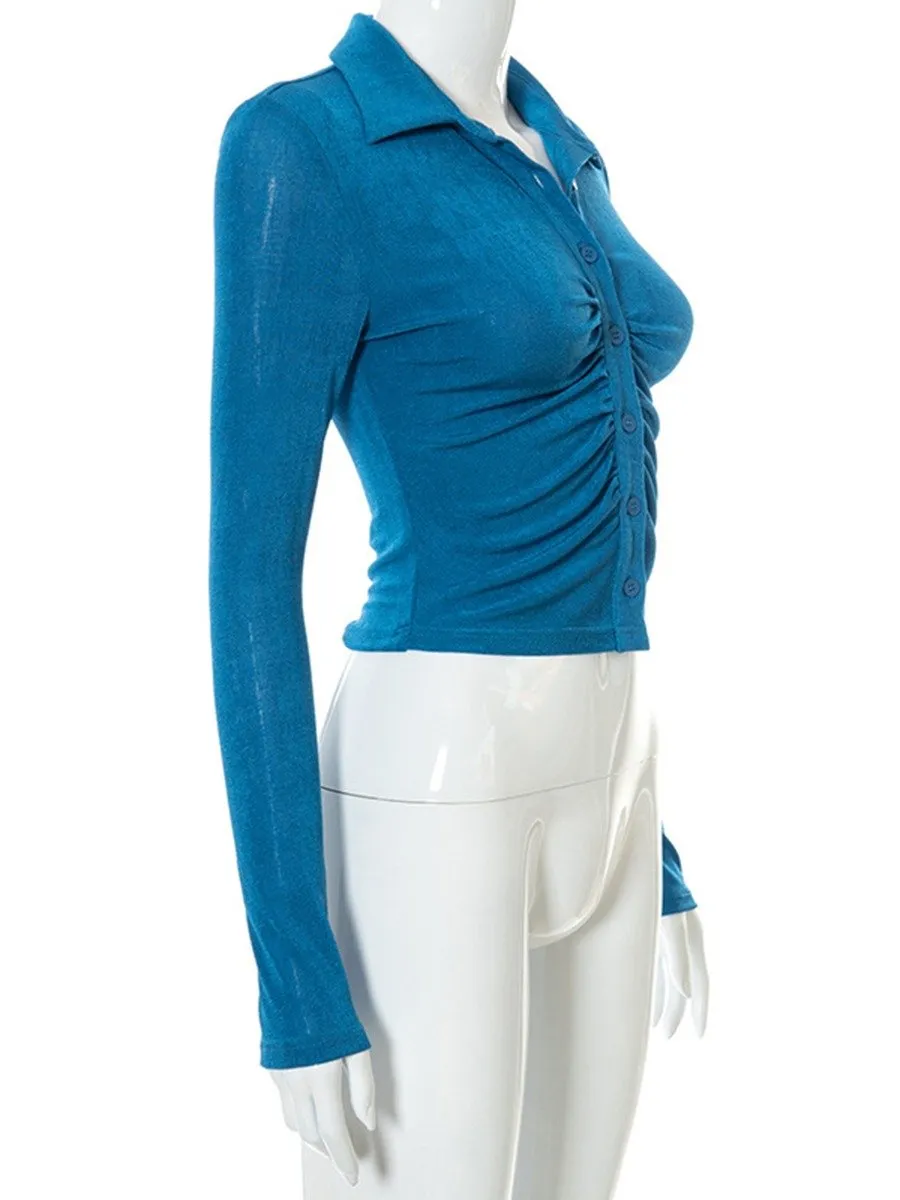 Women's Clothing Long Sleeve Bodycon Blouse Single Breasted Lapel Button Up Fold Crop Top