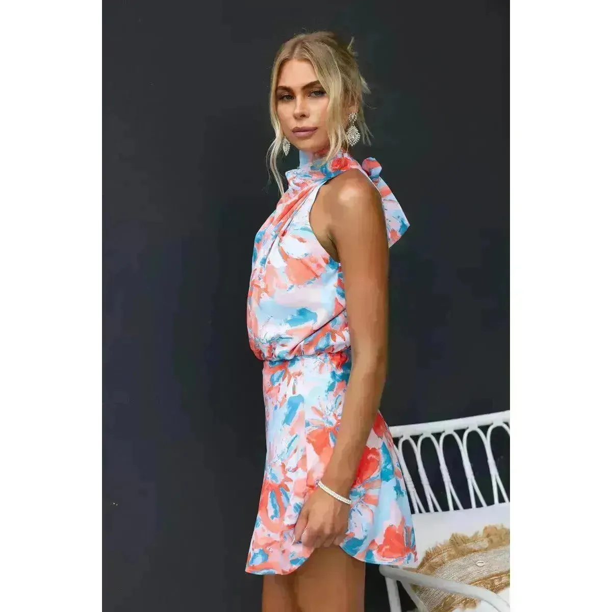 Women's Slant Shoulder Lace-up Printed Casual Loose Summer Vacation Mini Dress