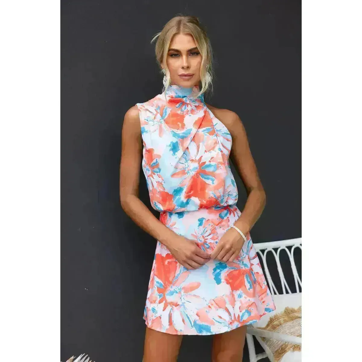 Women's Slant Shoulder Lace-up Printed Casual Loose Summer Vacation Mini Dress