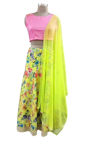 Yellow Floral Lehenga Choli Shimmer Georgette Crop top and Dupatta ALC06