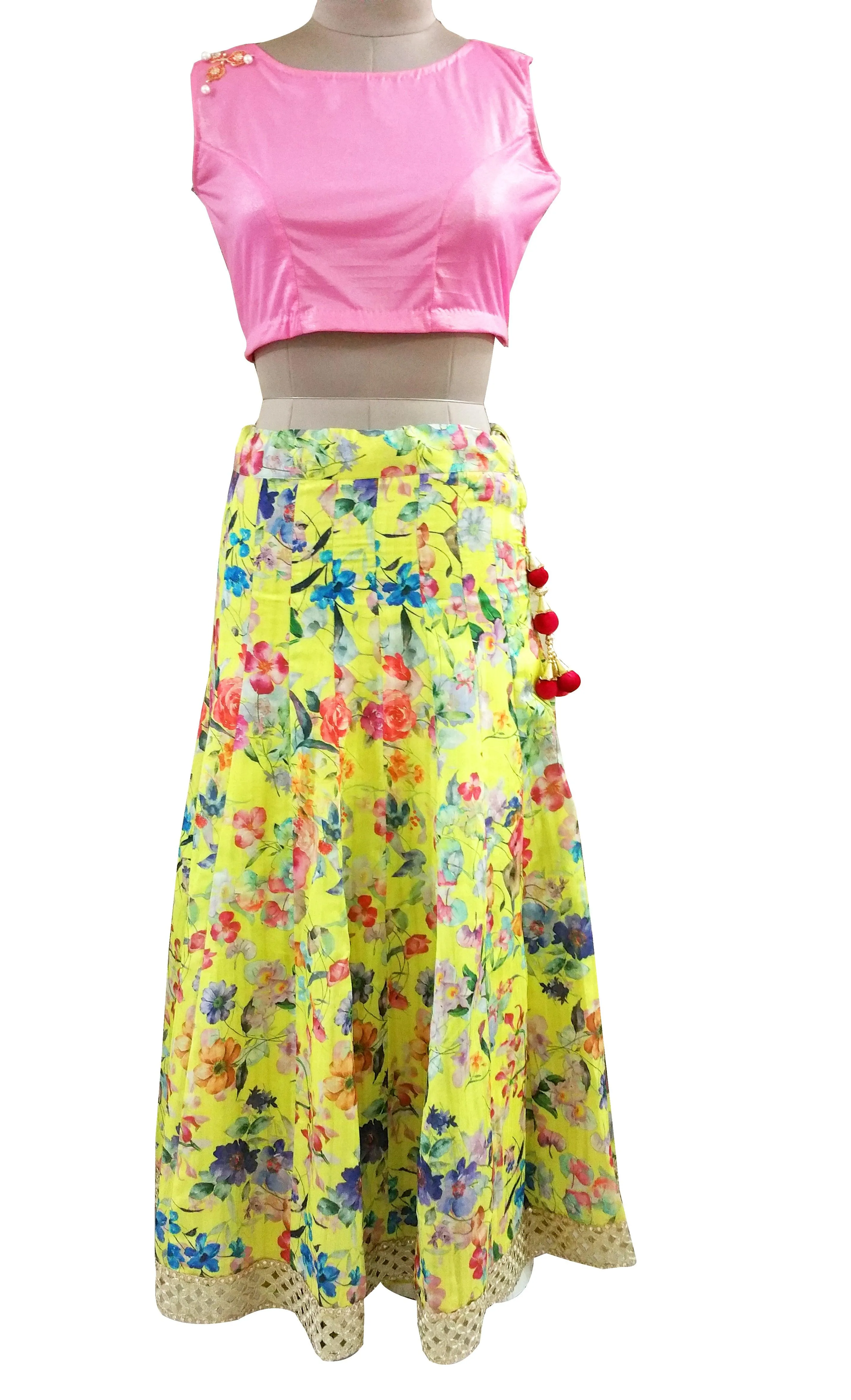 Yellow Floral Lehenga Choli Shimmer Georgette Crop top and Dupatta ALC06
